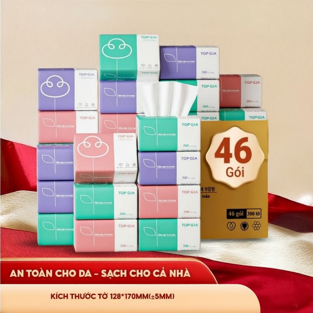 (LIVE) Thùng 46 gói giấy ăn gấu trúc Top Gia 3 màu, làm từ bột giấy thiên nhiên, 4 lớp dày dặn
