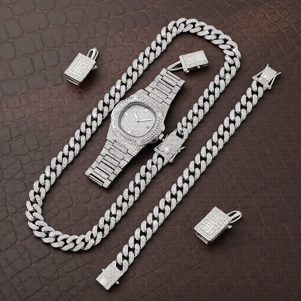 Bộ 2/3 món nam phong cách Hip Hop: Đồng hồ quartz mặt viền nạm đá + Dây chuyền/Vòng tay ton-sur-ton