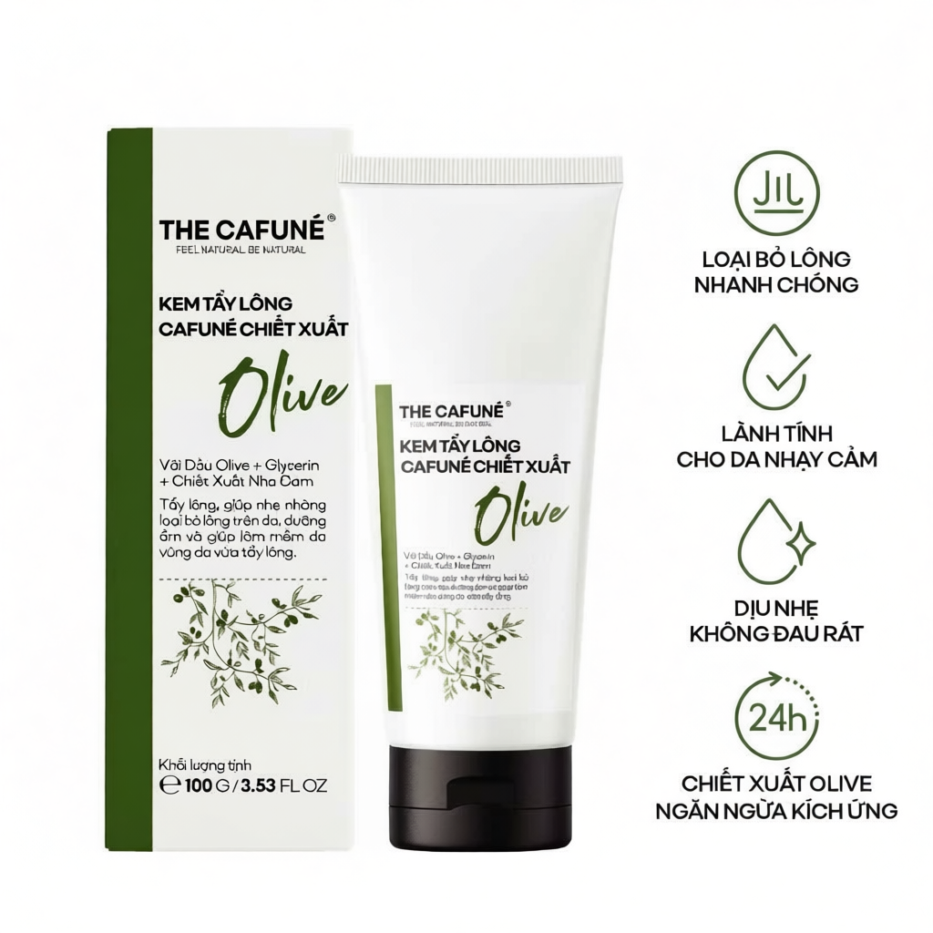 Combo và Chai Lẻ Kem Tẩy Lông Olive Và Serum Dưỡng Da Cafuné Sau Tẩy Lông Vùng Kín, Bikini, Chân, Ta