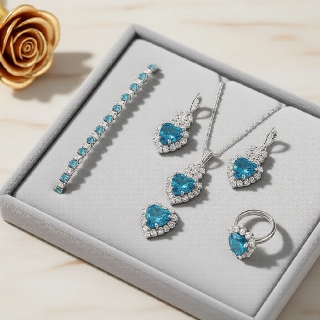  Bộ trang sức nữ gồm vòng cổ, bông tai, nhẫn, lắc tay hình trái tim đính đá pha lê - Quà tặng trang sức đá Cubic Zirconia