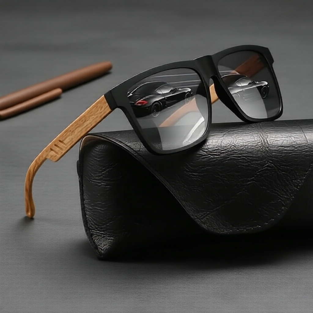 Kính mát nam gọng vuông cổ điển, viền gọng vân gỗ, chống tia UV400