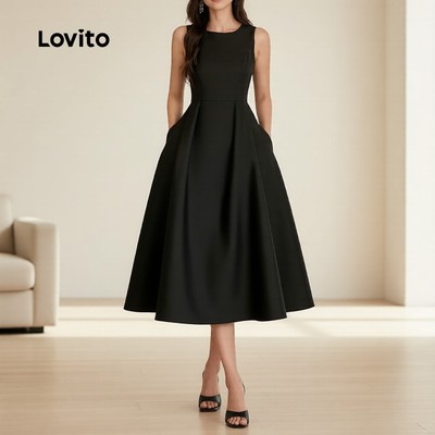 Lovito thanh lịch Đầm Nữ Đuôi Ren Dây Rút Họa Tiết Hoa Văn Màu Xanh Navy Mùa Xuân Hè L172LD1299