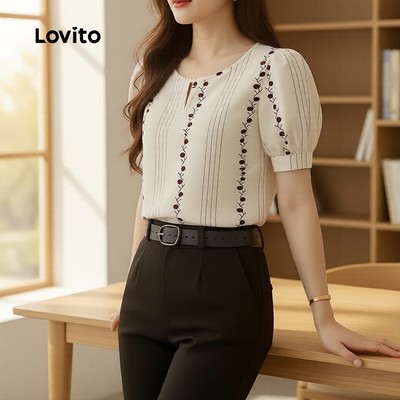 (thanh lịch) Lovito Áo Blouse cảm giác đường nét Họa Tiết Cắt Lỗ Áo Mùa Xuân/Hè cho Phụ Nữ L172ED1687