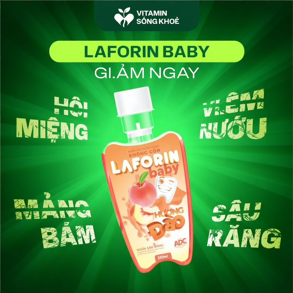 Laforin Baby Hương Đào - Nước Súc Miệng Giảm Sâu Răng, Vệ Sinh Răng Miệng Cho Bé (Chai 350ml)