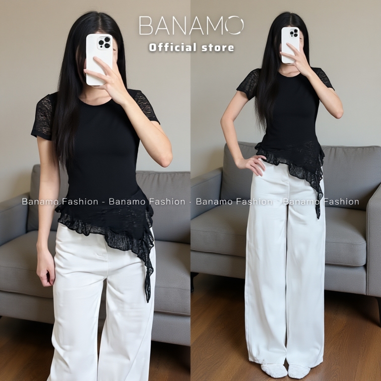 Áo thun nữ thiết kế BIGSIZE Banamo Fashion áo thun cộc tay nhún eo vạt chéo phối bèo mềm mại tôn dáng 3018