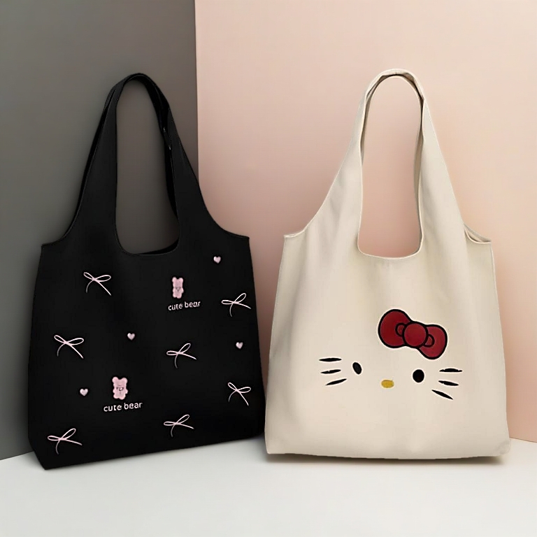 Túi tote vải canvas Helo munu,Labubu nữ đựng vừa laptop cỡ lớn đeo vai phong cách Nhật Bản,đi học đi chơi đi làm