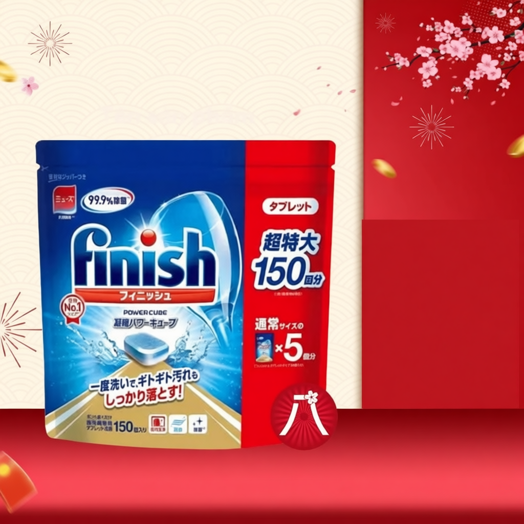 Viên Rửa Chén Bát Finish Power Cube 150 Viên Nội Địa Nhật - Màng Tự Tan, Chuyên Dùng Cho Máy Rửa Bát