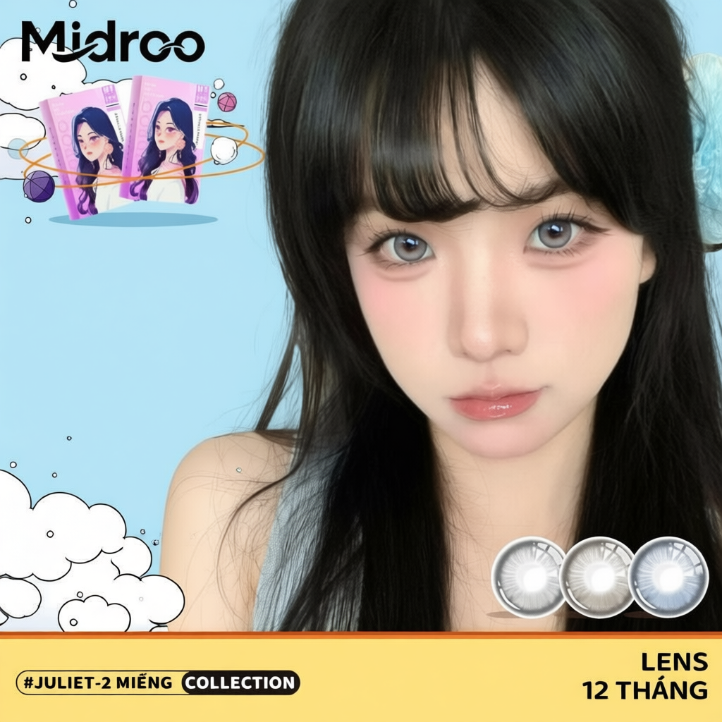 Kính Áp Tròng Midroo Lens 0~6 Độ (2 chiếc) Lens Mắt 14.2mm Juliet Lens Giãn Tròng 1 Năm