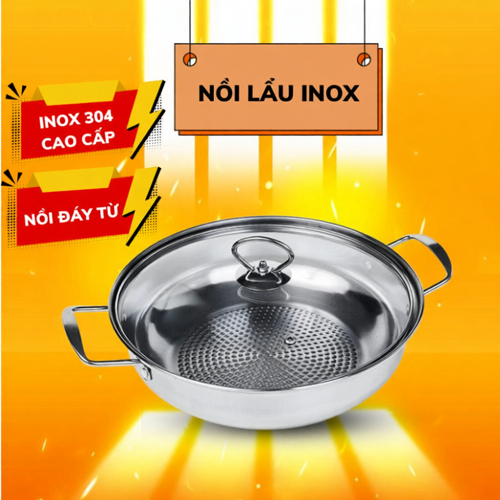 Nồi lẩu inox 304 Nkmedia đáy từ size 30cm dùng trên mọi loại bếp, phù hợp ăn lẩu, xào nấu thực phẩm
