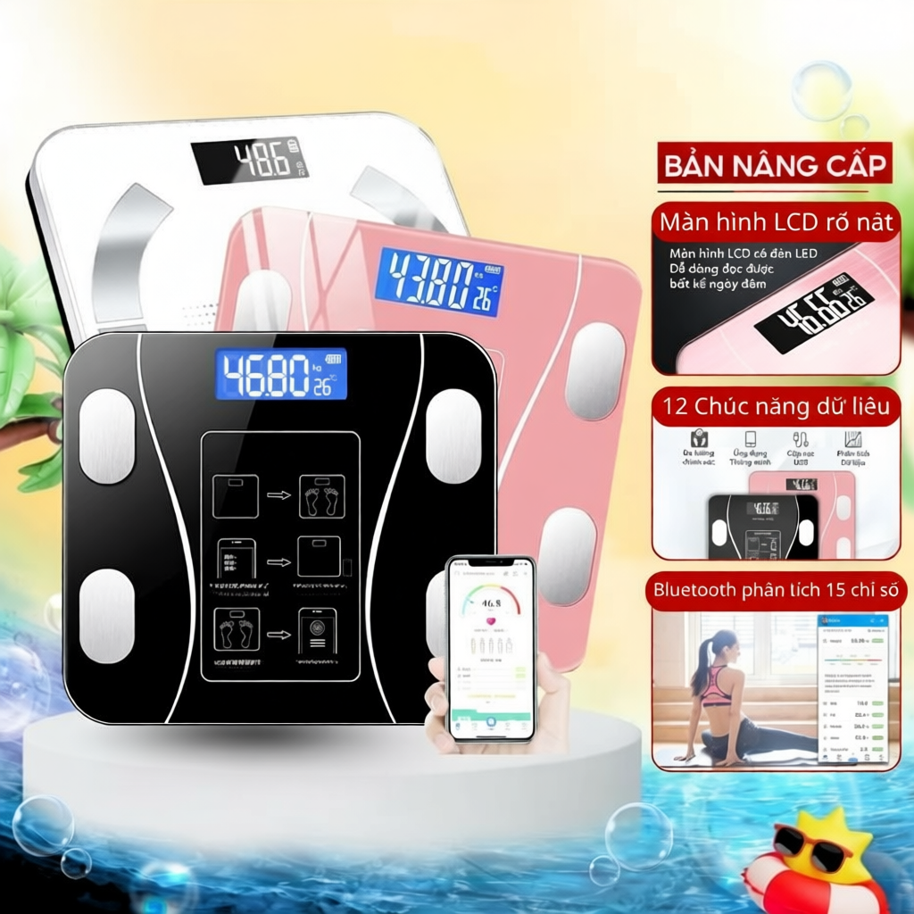 Cân Điện Tử Sạc USB  Kết Nối Bluetooth Phân Tích Chỉ Số Cơ Thể Trọng Lượng Tối Đa 180kg