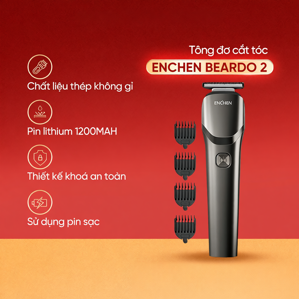 Tông đơ cắt tóc Enchen Beardo 2 tốc độ cao, lưỡi thép không gỉ, tặng 4 cữ tạo kiểu - Bảo hành 6 thán
