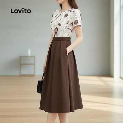 Lovito thanh lịch Đầm vải dáng hoa may tay nữ xuân hè L165ED271