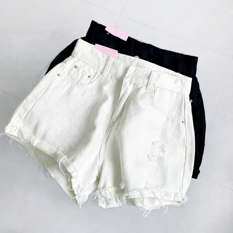 (Có big size) Quần short jean nữ trắng vải kaki lai tua rách dễ thương cá tính, dễ phối đồ AnNgo - AT228