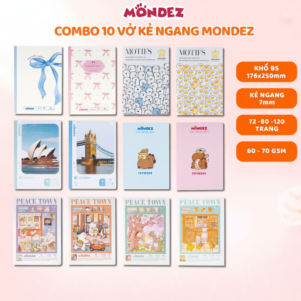 Combo 5 - 10 Vở Kẻ Ngang Mondez 72 - 80 - 120 Trang, Set Vở Kẻ Ngang 120 Trang khổ B5 Giấy 60 - 70gs