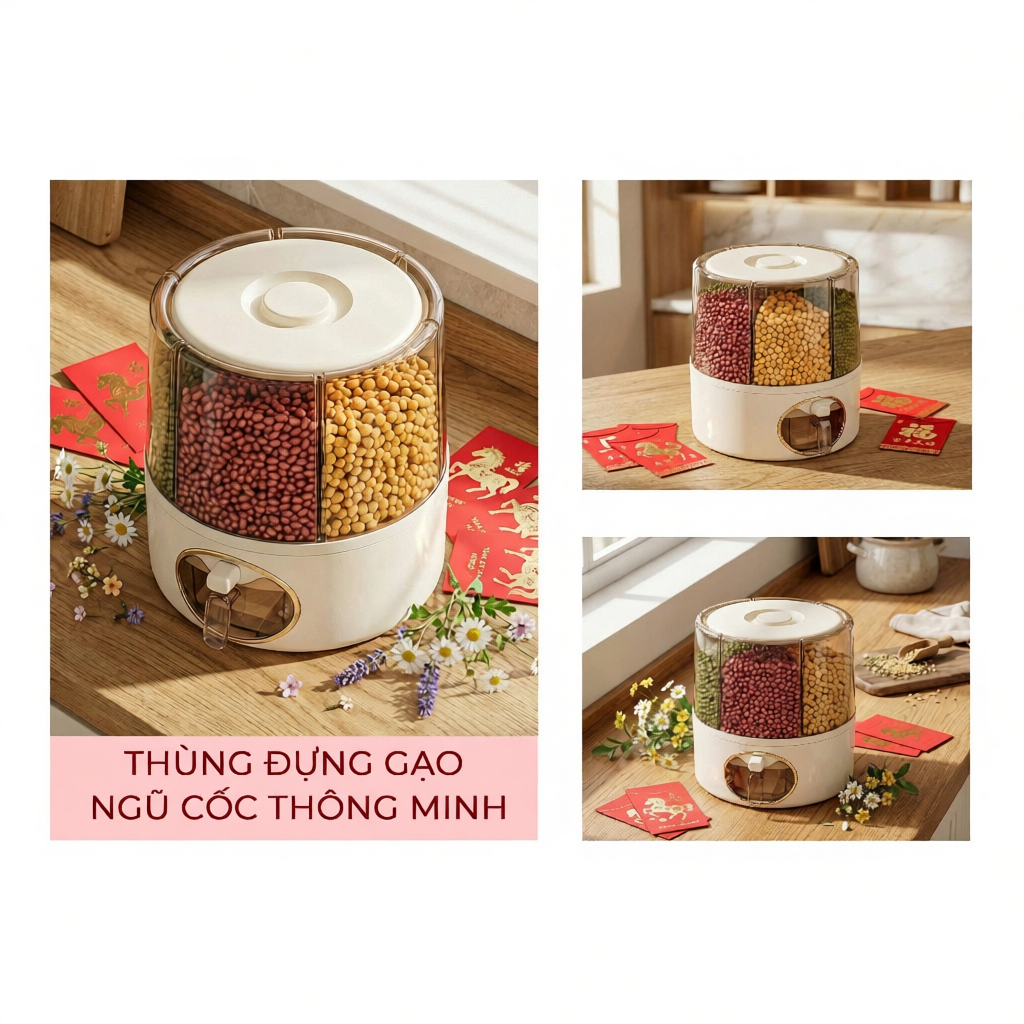 (Có Sẵn) Thùng đựng gạo ngũ cốc 6 ngăn xoay 360 độ thông minh nhựa an toàn G01