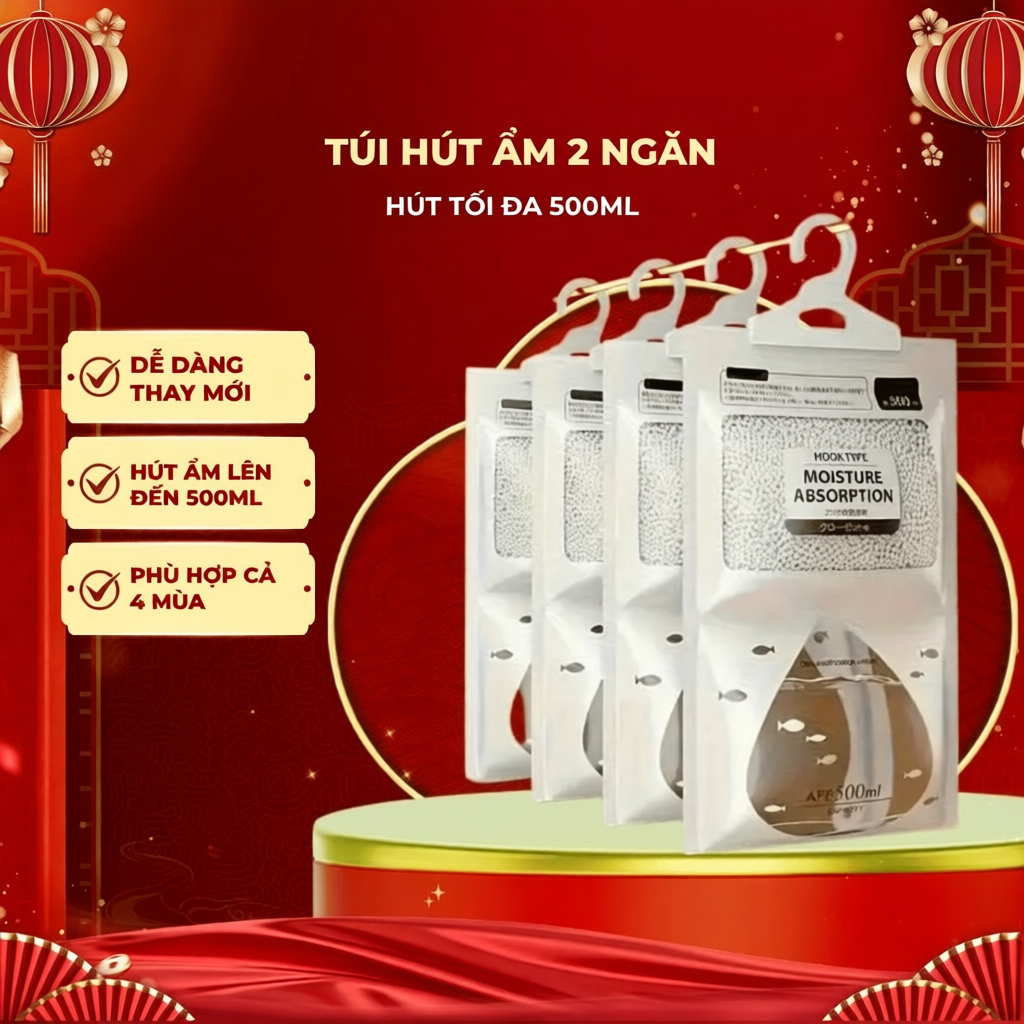 Túi Hút Ẩm Khử Mùi 2 Ngăn Siêu Hút Ẩm Lên Tới 500ml Chống Mốc Nồm Ẩm, Có Móc Treo Tủ Quần Áo và Tủ Giày Tiện Lợi