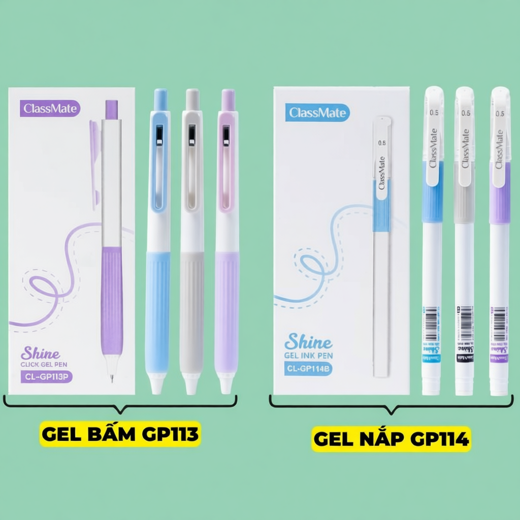 Hộp 10/12 Bút Gel Classmate Bút Nước Bấm Ngòi ST 2 Bi 0.5mm Xanh Đen Tím Nhanh Khô Bút Gel Shine Có 