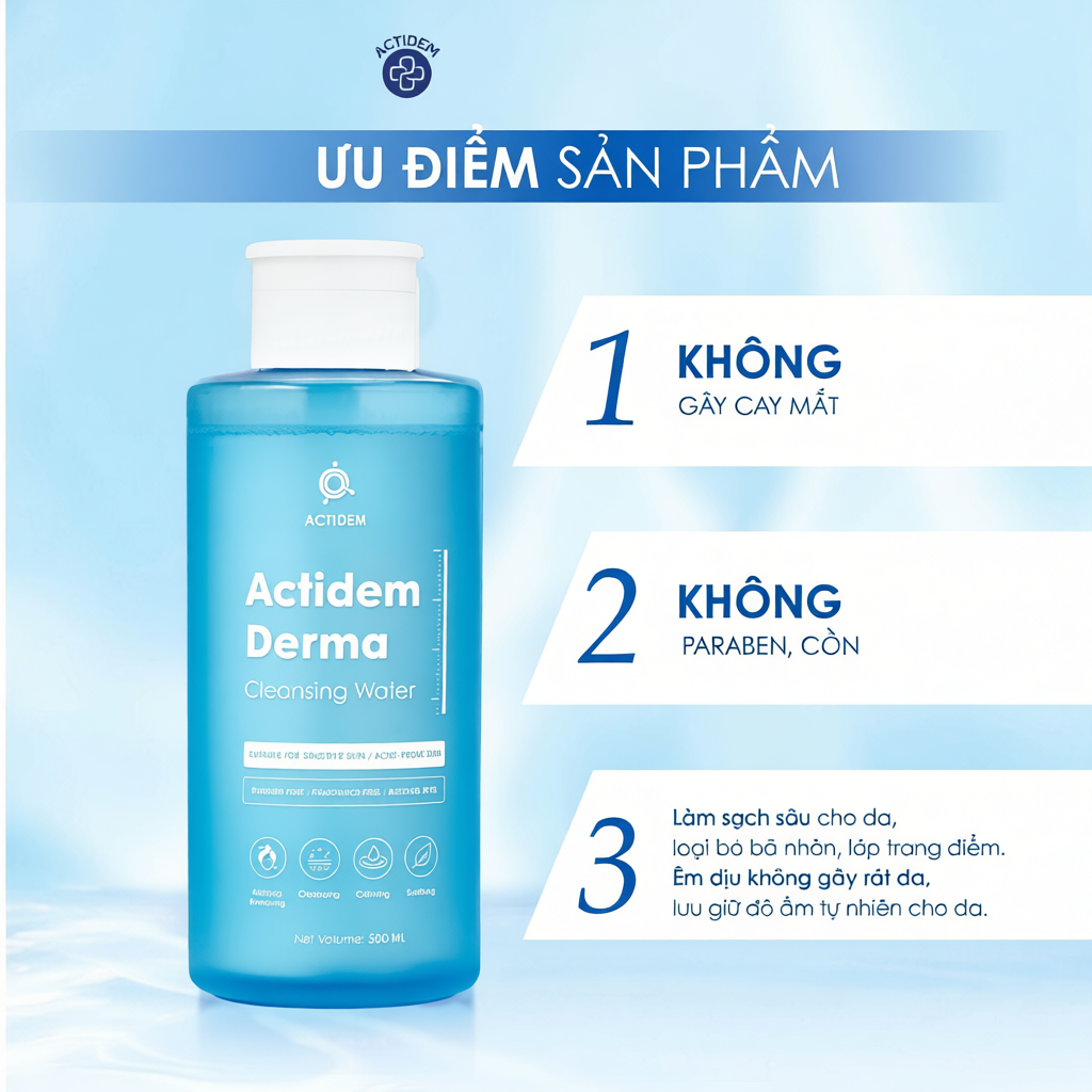 Tẩy trang không cay mắt Actidem Derma Cleansing Water cho da mụn, nhạy cảm 50/480/500ml