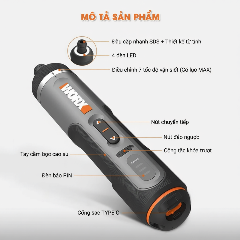 Máy bắn vít mini WORX WX242 4V nâng cấp từ model WX240 vặn siết vít 7 mức cấp độ, chất lượng cao hơn