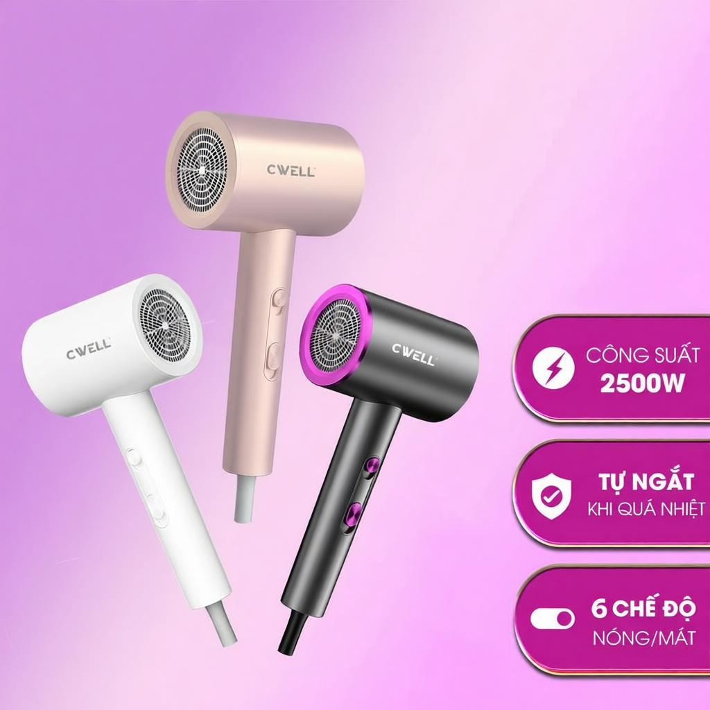 Máy sấy tóc CWELL C10HD công suất lớn 2500W, 6 chế độ sấy kép đa năng, thiết kế thời trang hiện đại