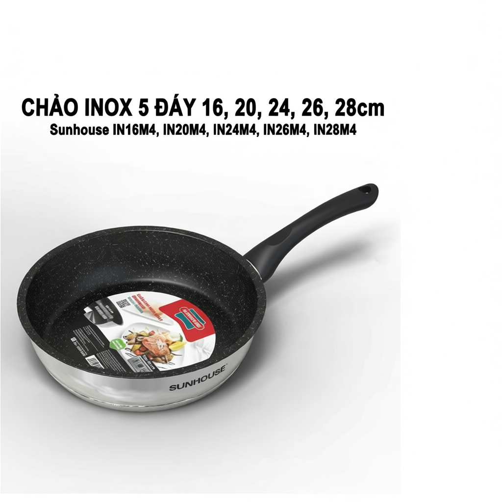 Chảo cạn inox 5 đáy size 16, 20, 24, 26, 28cm Sunhouse IN16M4, IN20M4, IN24M4, IN26M4, IN28M4