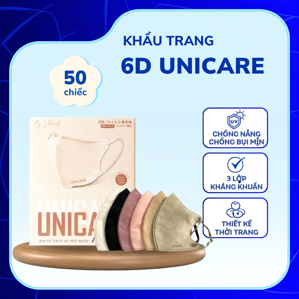 [Thùng 50 chiếc] Khẩu Trang 6D Unicare Chính Hãng Cản Tia UV Thế Hệ Mới 3 Lớp Kháng Khuẩn, Dây Đeo C