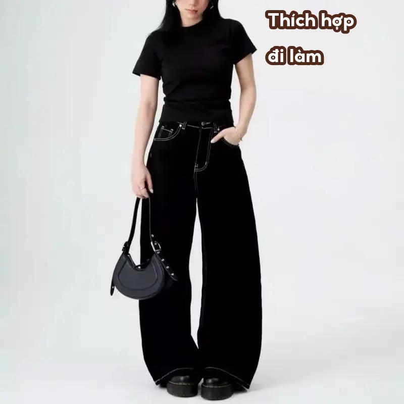Quần Jeans Nữ Ống Rộng Xanh Navy Đậm, Đen Chỉ Trắng Hiyou Cạp Cao Tôn Dáng, Viền Chỉ Nổi Cá Tính