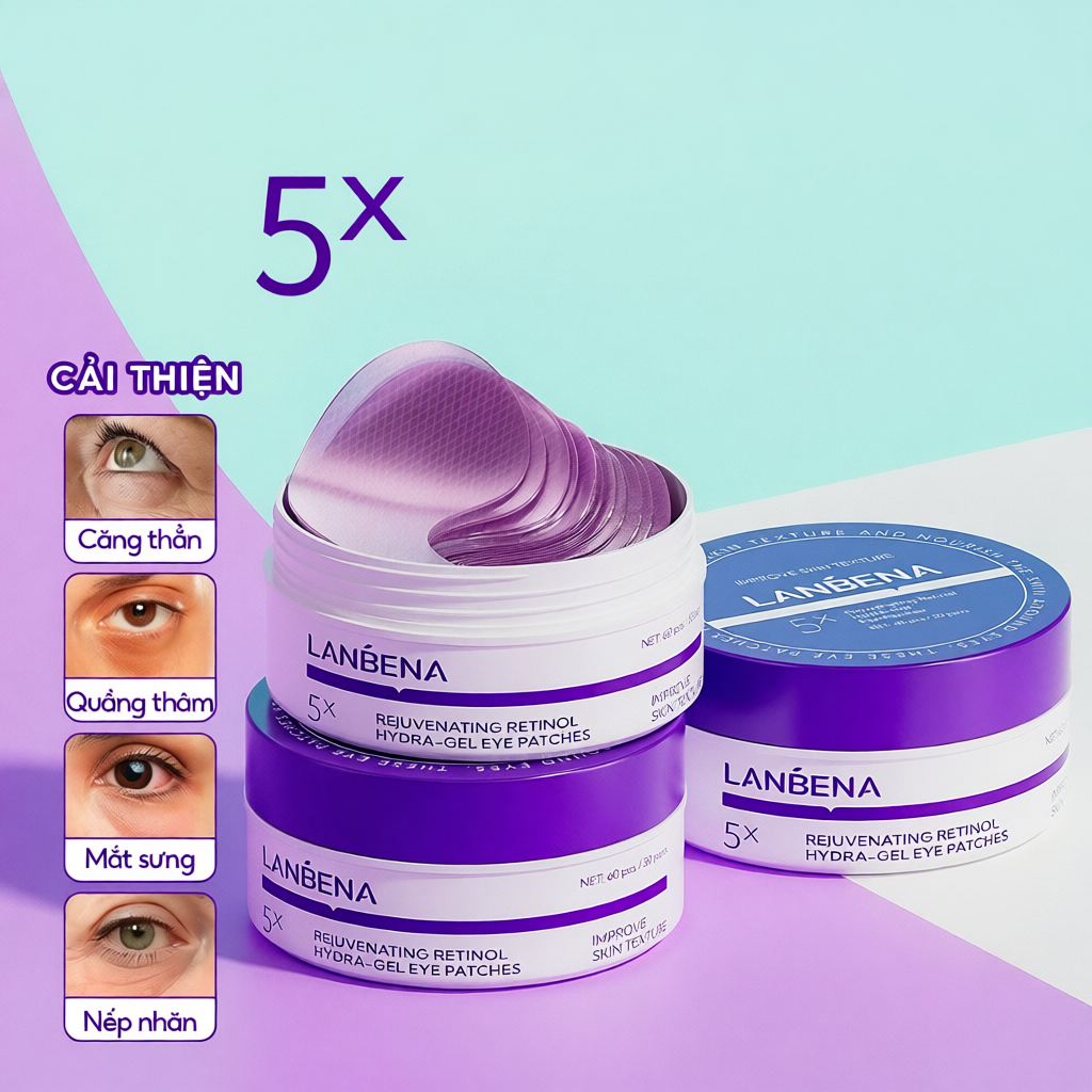 Mặt Nạ Mắt LANBENA Dưỡng Ẩm Sâu Giảm Nhăn Làm Mờ Quầng Thâm 60 Miếng - Retinol, Vitamin C, Peptides, Sâu Thủy Lực, Vloe Vera, Vàng 24K