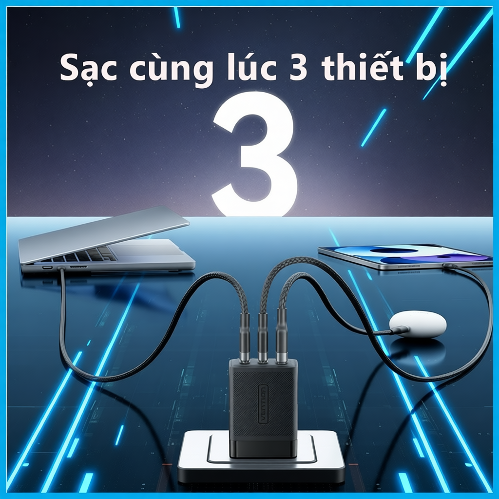 Vention Củ sạc nhanh GaN 65W -  3 cổng (2 USB-C + 1 USB-A) hỗ trợ PD 3.0, QC 4.0, PPS -  Sạc Nhanh L