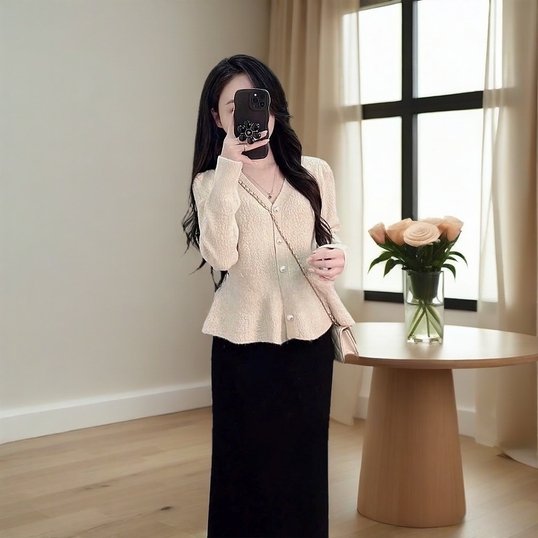 Áo Len Nữ Dáng Peplum Cổ Tim Đính Nút Ngọc – Thanh Lịch, Tôn Dáng ✨