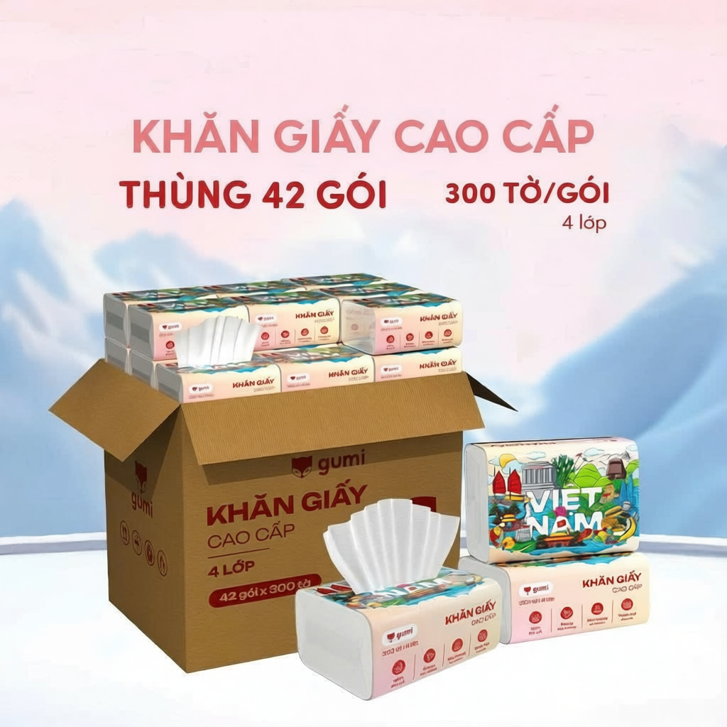 Thùng 42 gói giấy ăn cao cấp Gumi 3 lớp / 4 lớp mềm mịn, tiện lợi Khăn Giấy để Phòng Khách