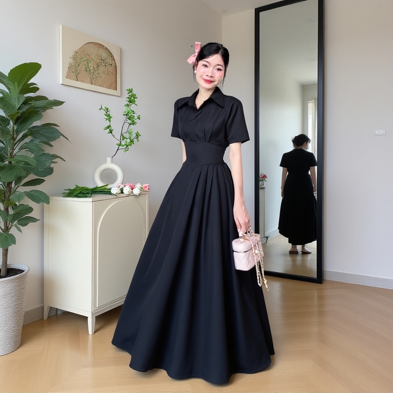 [Đ.23-D] Đầm Sơmi Cổ V Tay Ngắn Chéo Hàn Dáng Dài Women Top Dress (Bo Chun Lưng - Có Túi) | Tũm Clothing