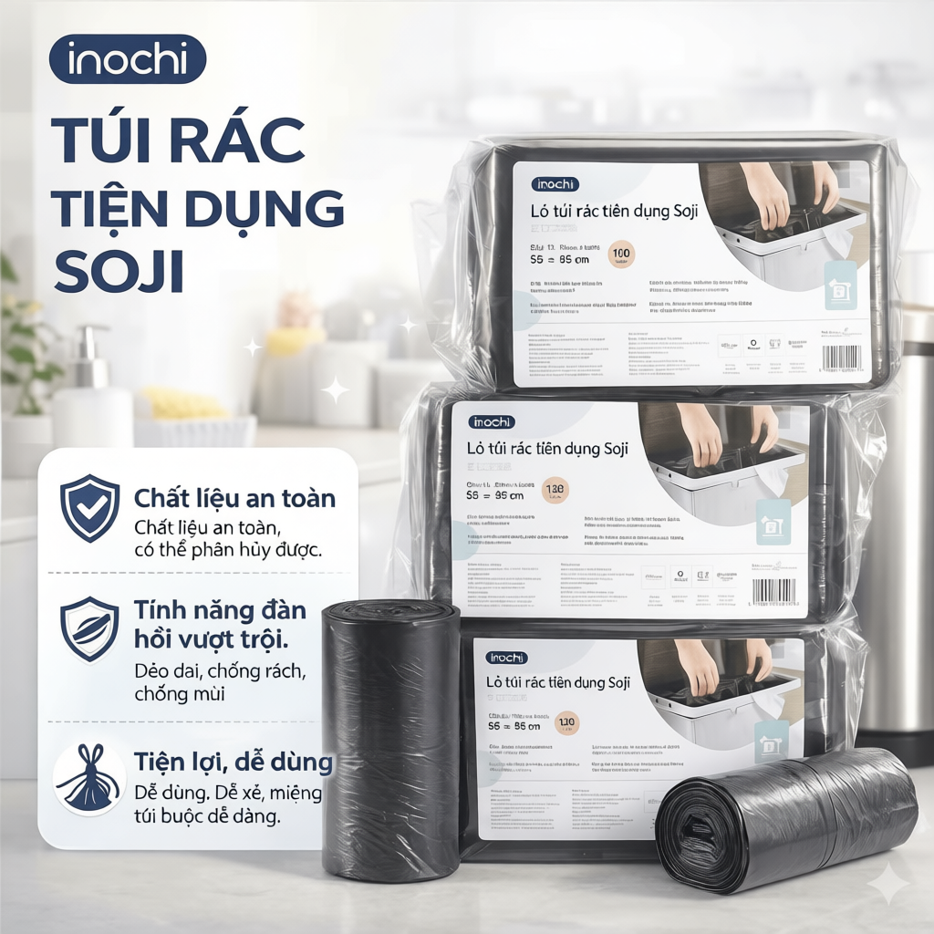 Túi rác tự huỷ sinh học Inochi có quai tiện dụng dạng cuộn nhiều màu, mùi hương dài và dai hơn 20%