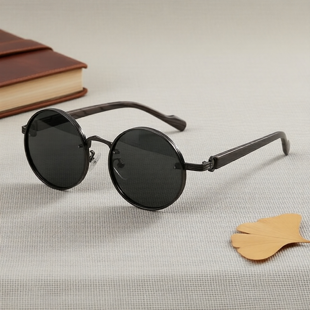 Kính mát nữ gọng tròn chống UV400 gọng đen phối vân gỗ phong cách retro Giáng Sinh