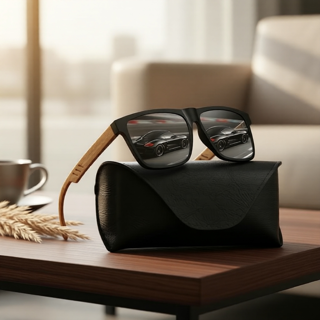 Kính mát nam gọng vuông màu đen, chân gọng vân gỗ, chống 100% tia UV