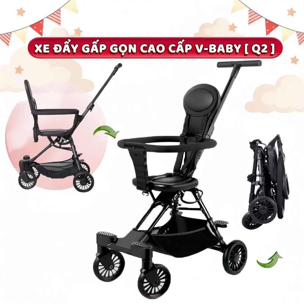 (HÀNG CÓ SẴN) Xe Đẩy Du Lịch Cho Bé V-BABY Q2 Đảo Chiều, Gấp Gọn