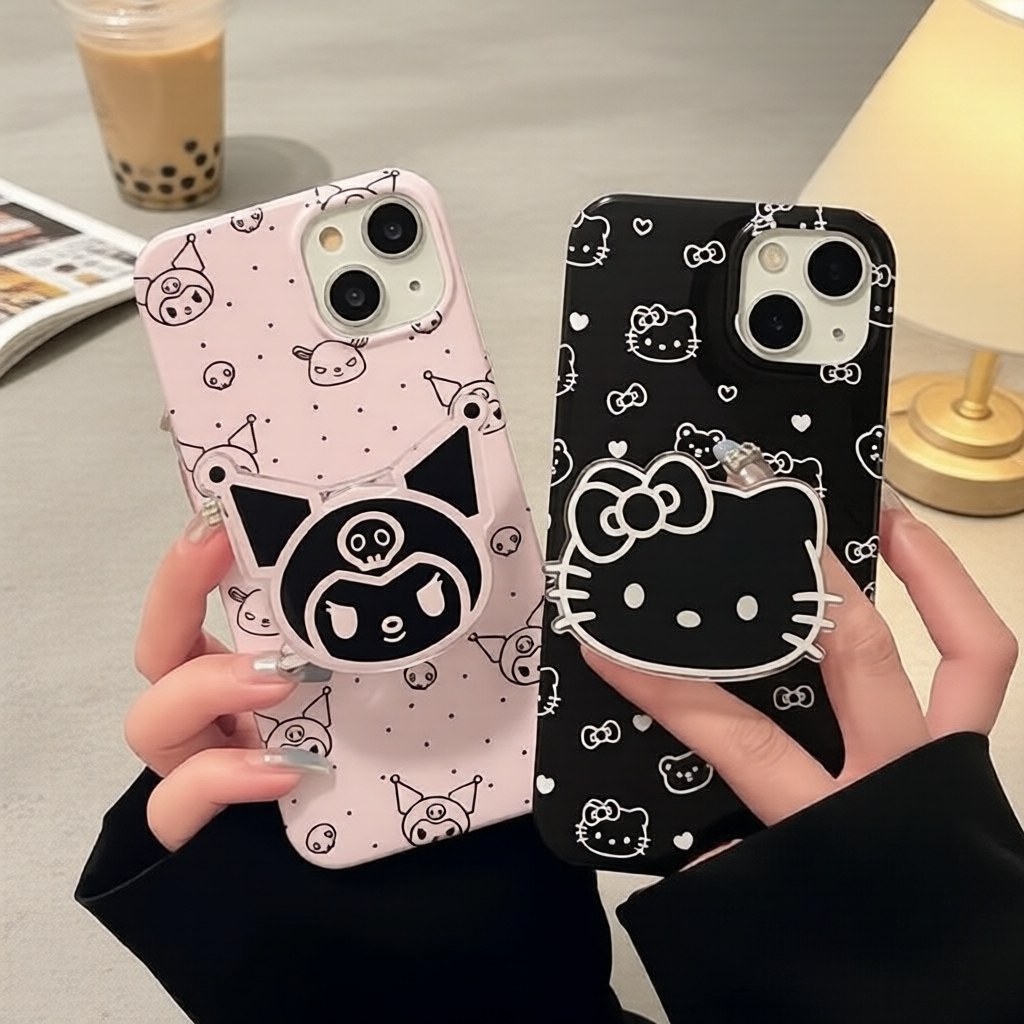 Ốp lưng mềm chống va đập họa tiết KT Cat màu hồng đen mờ, tương thích với iPhone 15 Pro/7P8P/12 Pro 