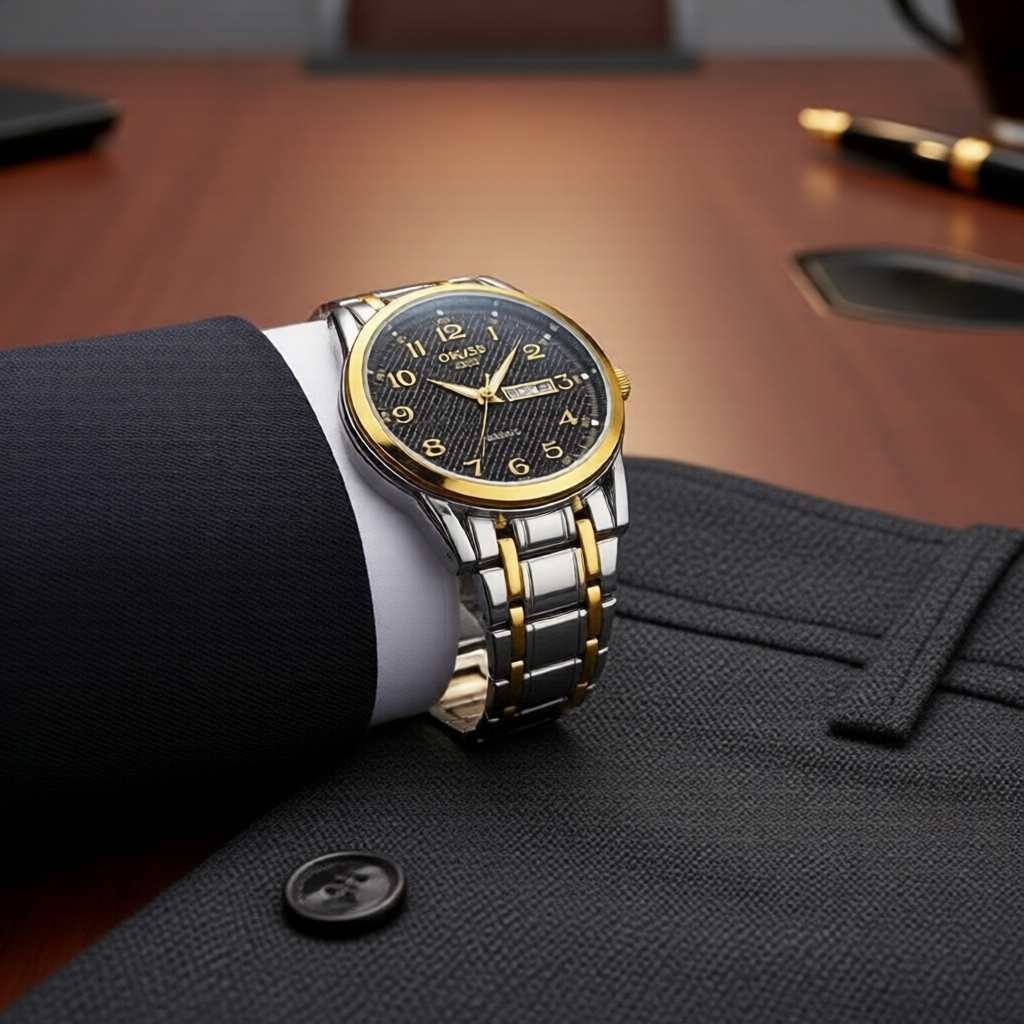 Đồng hồ nam ORUSS thép không gỉ lịch đôi, kim dạ quang, chống nước, kèm hộp