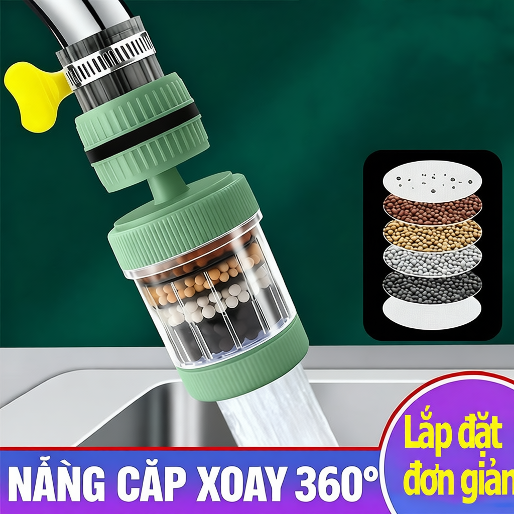 Đầu vòi lọc nước trực tiếp 6 lớp Carbon xoay 360° tiện dụng 3x12cm