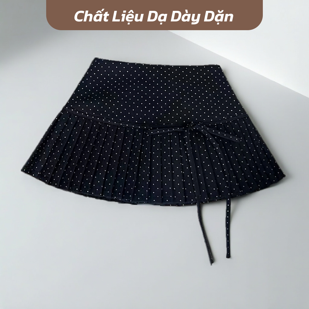 [BST Thu Đông] Chân Váy Dạ Chấm Bi Xếp Ly Cạp Cao Dáng Ulzzang Ngắn Hack Dáng Có Lót Trong Chất Dạ Dày Dặn