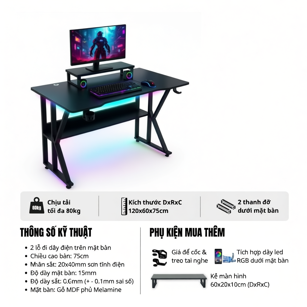 Bàn làm việc, gaming chữ K Nội Thất 5C nhiều phiên bản, khung sắt sơn tĩnh điện nhiều kích thước