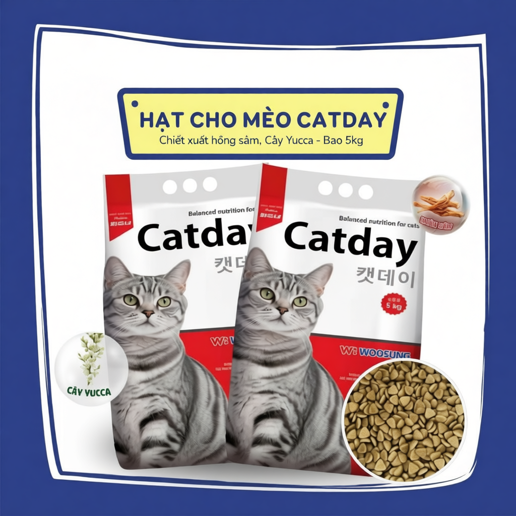 Hạt dinh dưỡng cho mèo CATDAY 5kg - hồng sâm tăng đề kháng, không chất bảo quản, mèo khỏe mạnh