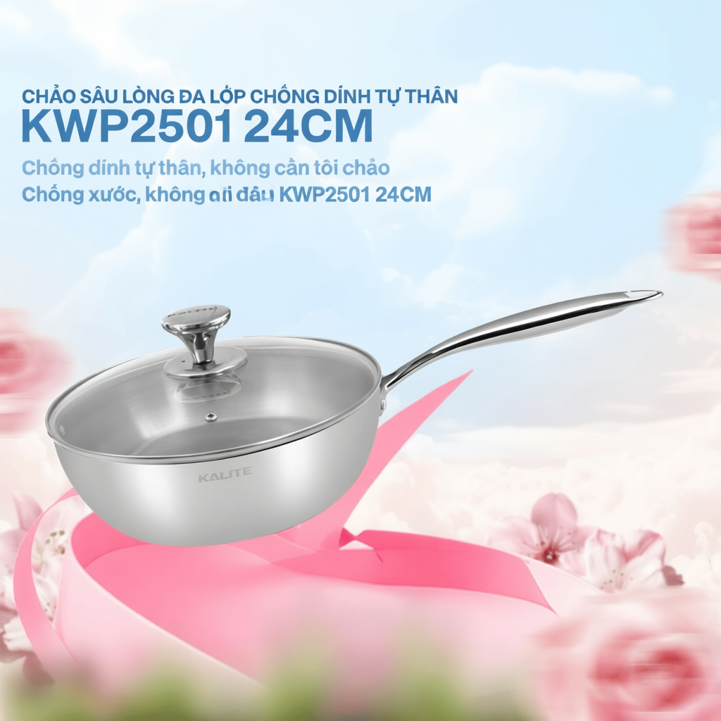 Chảo inox 304 lòng sâu Kalite KWP2501 chống dính tự thân,size 24cm,dùng mọi loại bếp,chiên xào 2in1