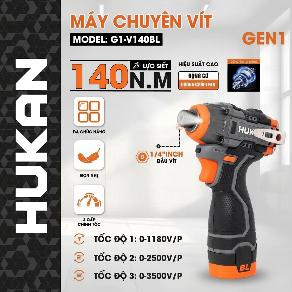 Máy chuyên vít có búa dùng pin HUKAN G1-V140BL, 140Nm, 3 tốc độ chỉnh nhanh, Không chổi than