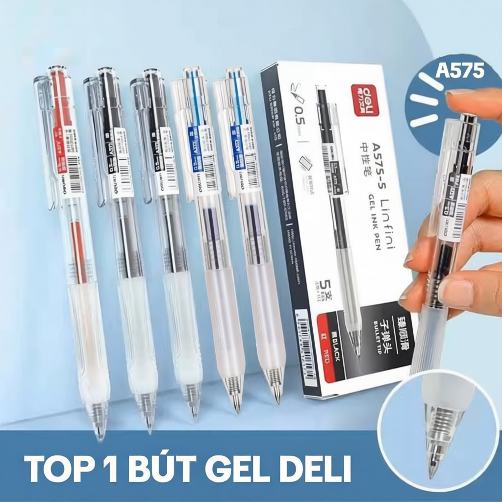 [Mẫu Bán Chạy] Bút Gel Deli A575/S08/A623 0.5mm Mực đậm trơn Vỏ trong suốt Học sinh, văn phòng