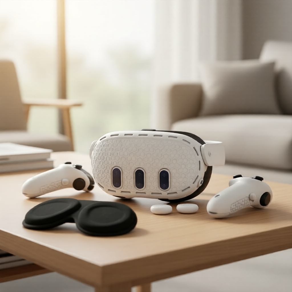 Bộ phụ kiện Meta Quest 3: Bộ vỏ silicon cho Oculus Quest 3 (VR Shell + Bọc tay cầm + Đệm mặt + Mũ cầ