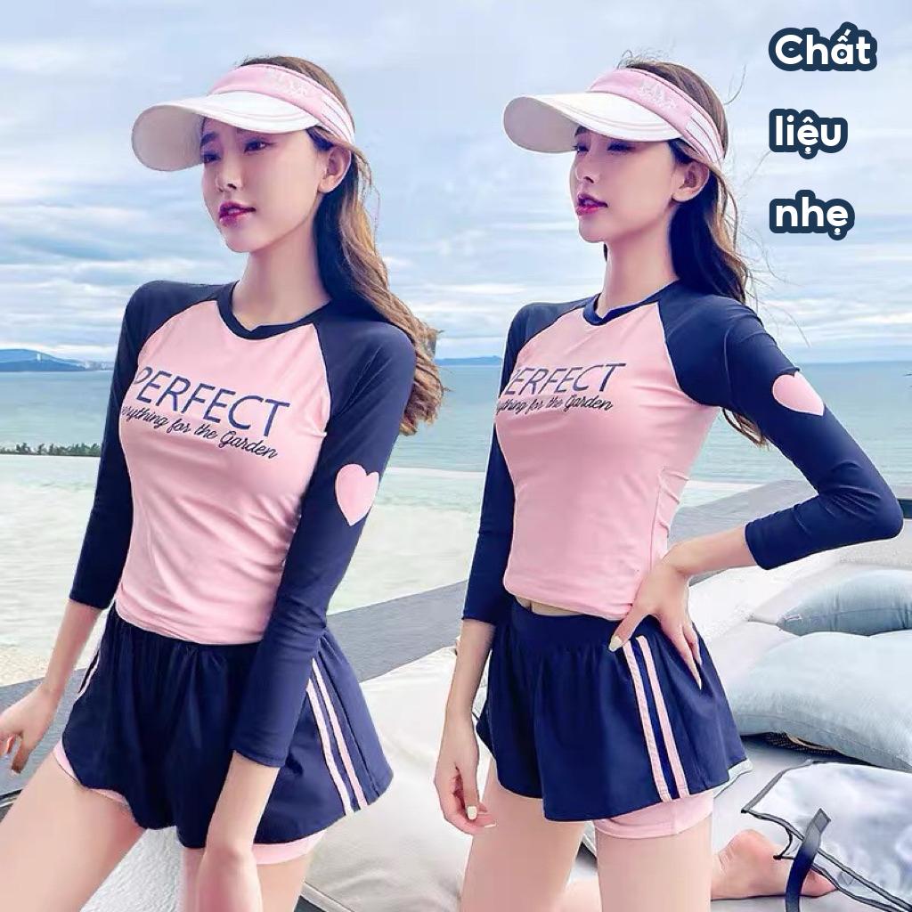 [Size M, L, XL, XXL] EMMA Đồ Bơi 2 Mảnh Phong Cách Hàn Quốc Tay Dài Quần Đùi Chống Nắng PERFECT In Hình Trái Tym
