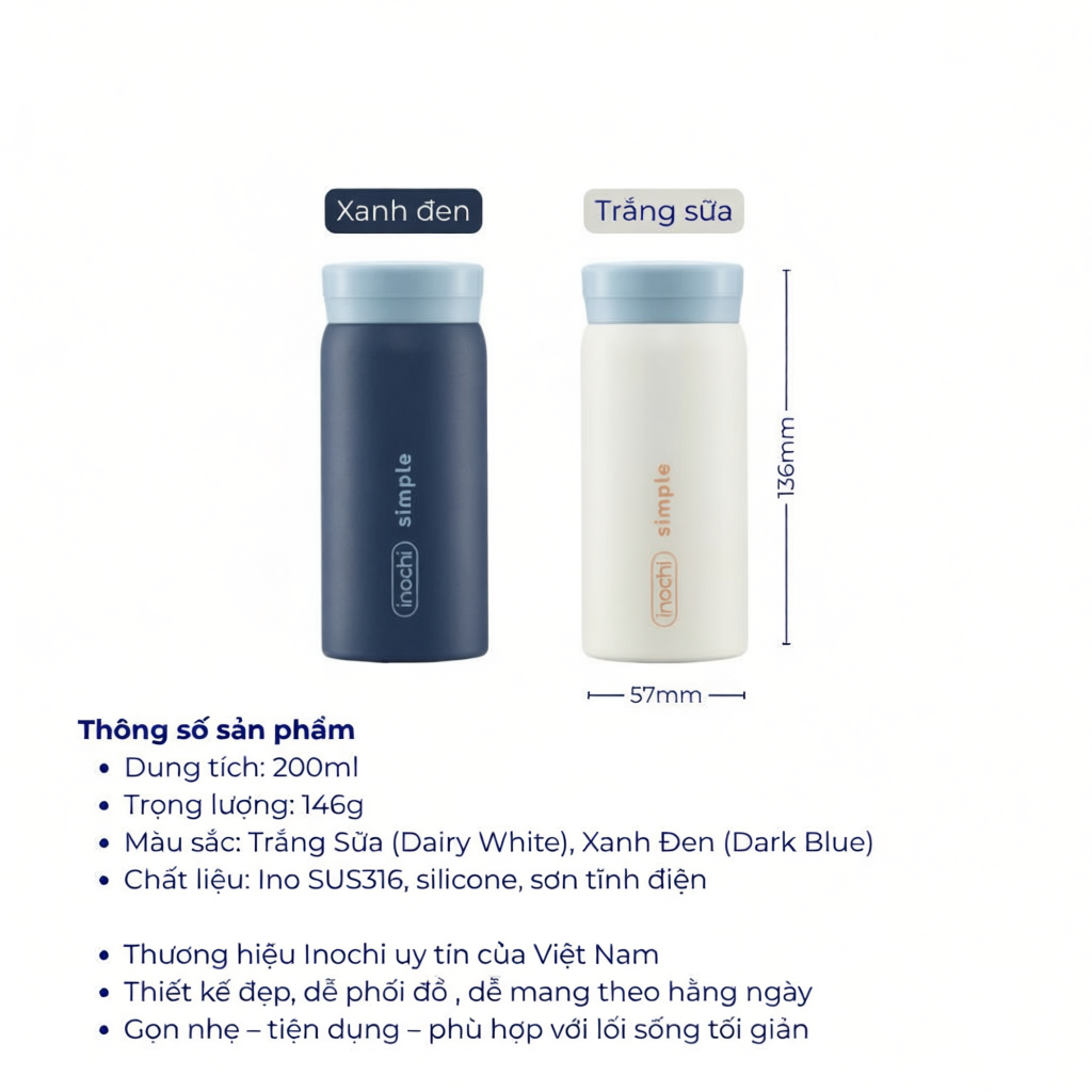 Bình giữ nhiệt mini Inochi Fuji Cylin 200ml giữ nhiệt lâu, không rò rỉ
