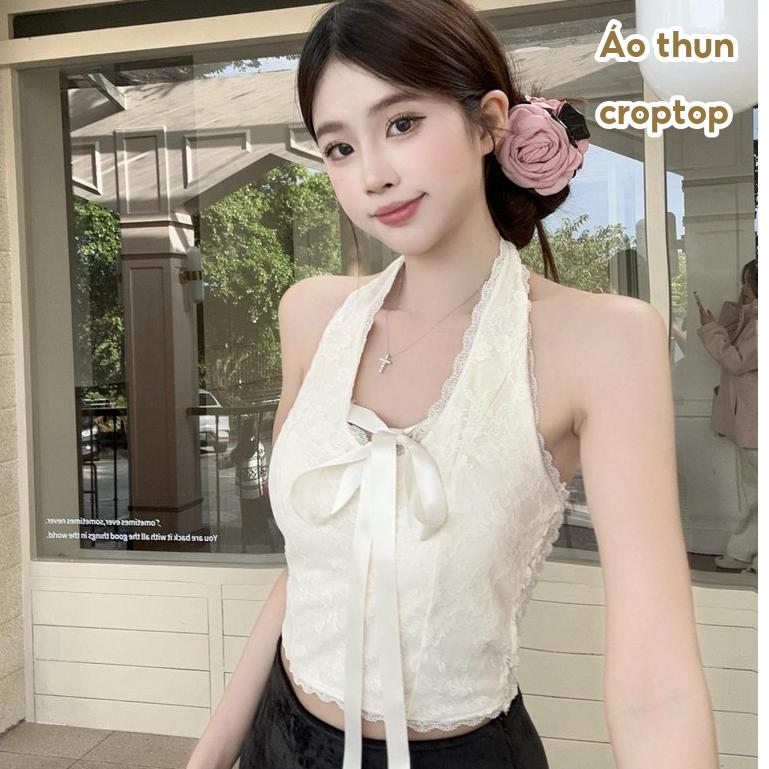[QCCC XỊN ĐẸP LOẠI1 SẴN MÚT] Áo cổ yếm ren áo kiểu cho nữ có mút hở lưng QCCC Áo thun croptop quây thắt nơ xinh xắn AT29