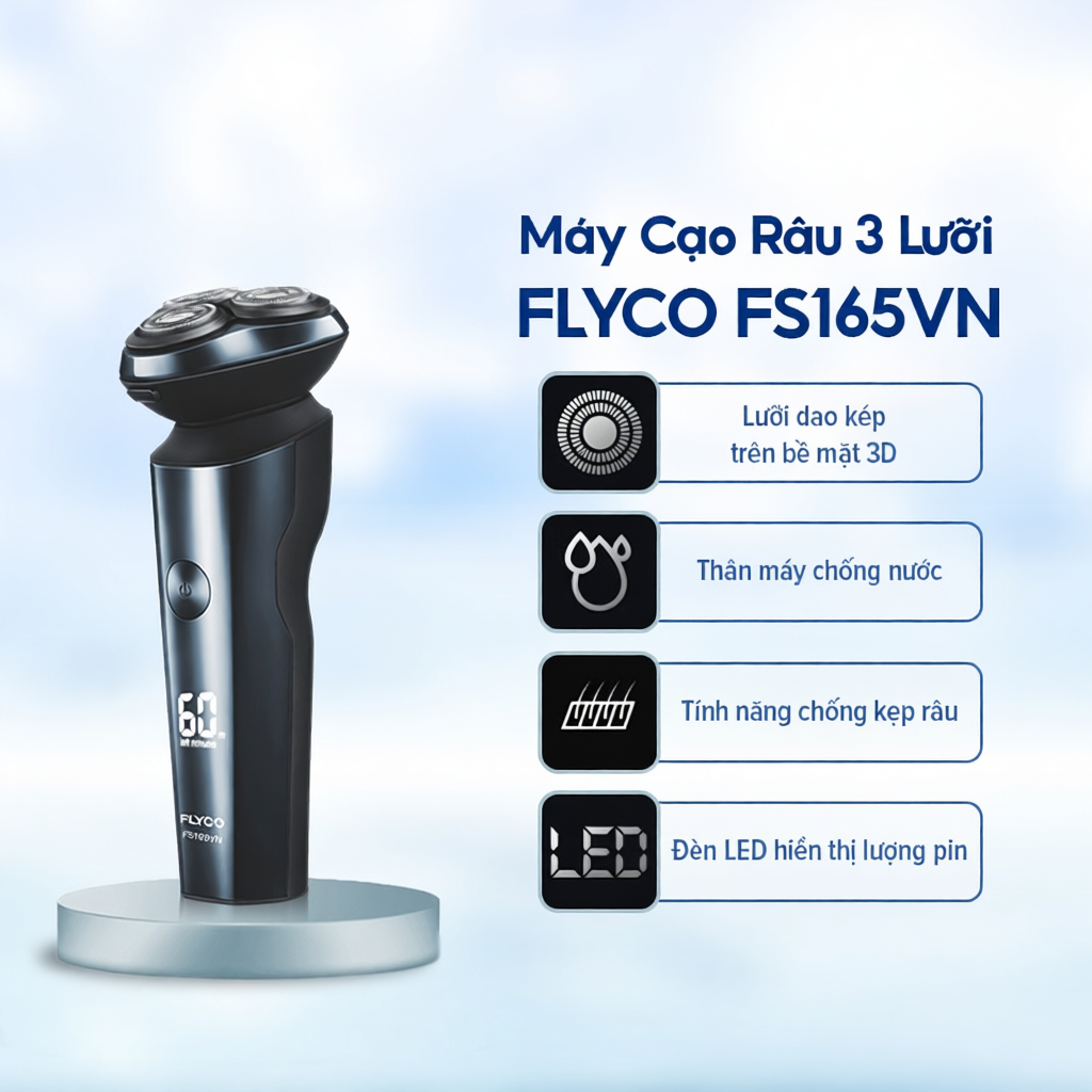 Máy Cạo Râu Flyco 3 Lưỡi Kép FS165VN Thân Máy Kháng Nước Sạc Nhanh 1 Giờ - Hàng Chính Hãng
